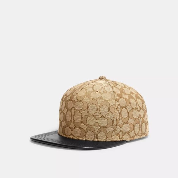 New Authentic COACH Signature Jacquard Flat Brim Hat Khaki Black Signature Coach - Picture 1 of 14